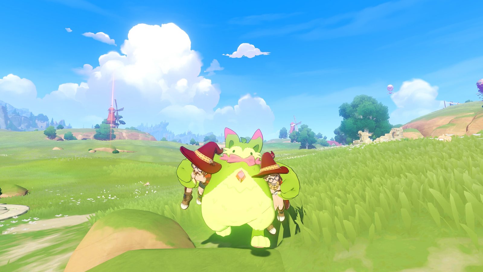 A party crossing a meadow with a Jini in Roco Kingdom (official Steam store screenshot)
